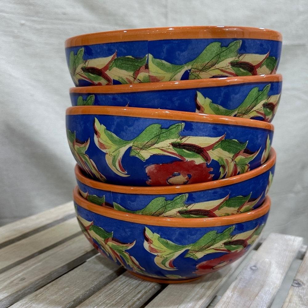Pfaltzgraff Blue Floral Ceramic Bowl - Orange Trim (Set of 5